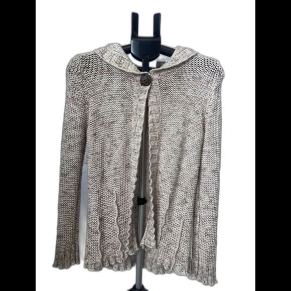 BCBG Maxazria Cardigan Large Sweater Button Up Crochet Ruffle Long Sleeve Hood - Picture 1 of 5